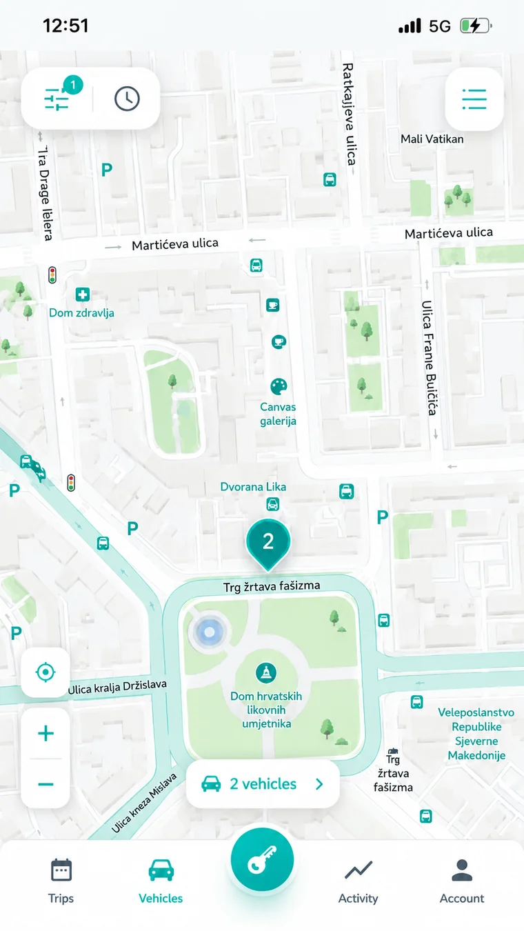 Karta u MooveIT aplikaciji s prikazom dostupnih kombija u Zagrebu